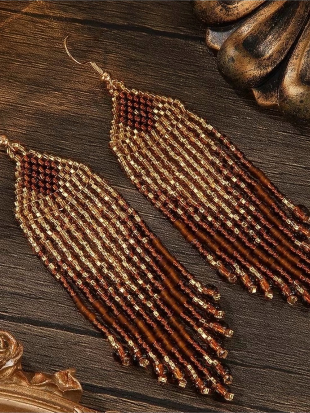 Handcrafted Brown and Gold Beaded Fringe Earrings - Women Jewelry